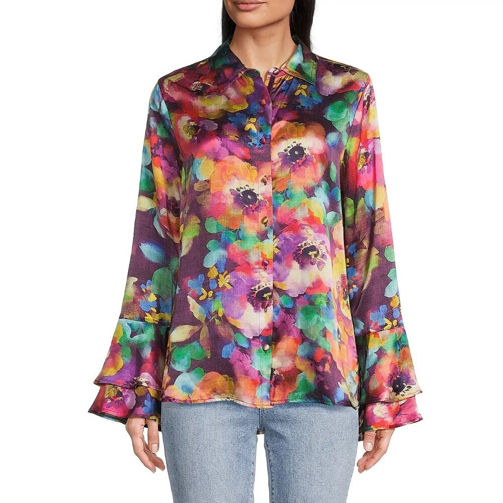 Johnny Was Elektra Flounce-Sleeve Shirt Size Small